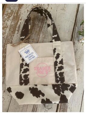 Trader Joe's MINI Cream Canvas Tote with Brown Cow Print and Pink Logo